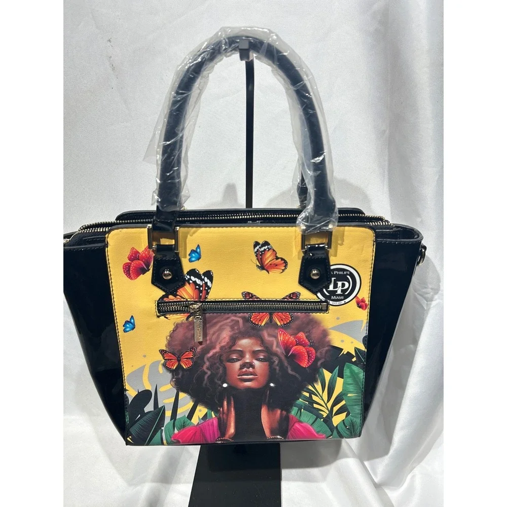 La Philipe Miami Butterfly Graphic Satchel Handbag Yellow Black Studded NWT
